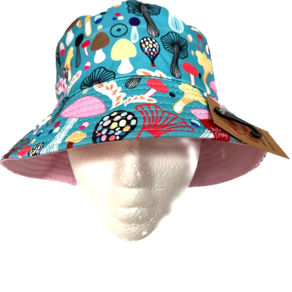 New Kylie Crazy Mushroom Print Bucket Hat Reversible Pink One Size Beach Sun NWT